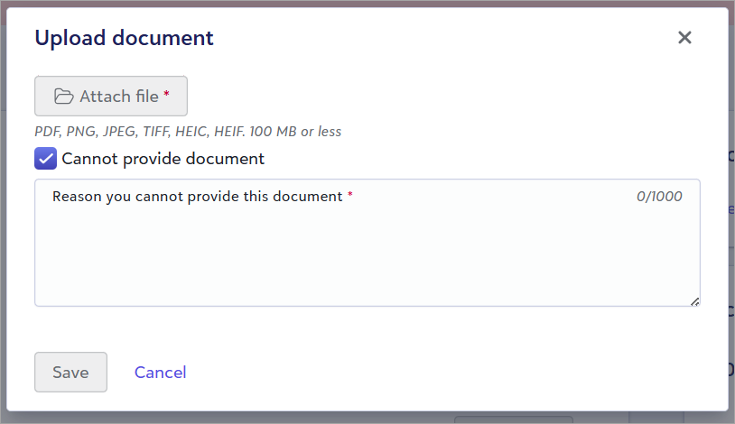 Upload document modal with Cannot provide document selected and reason text box.